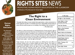 [ai] A newsletter titled 'Rights Sites News', featuring a large header, an image of an apple, and sections about human rights education, including an article titled 'The Right to a Clean Environment,' with a quote from the Dalai Lama.